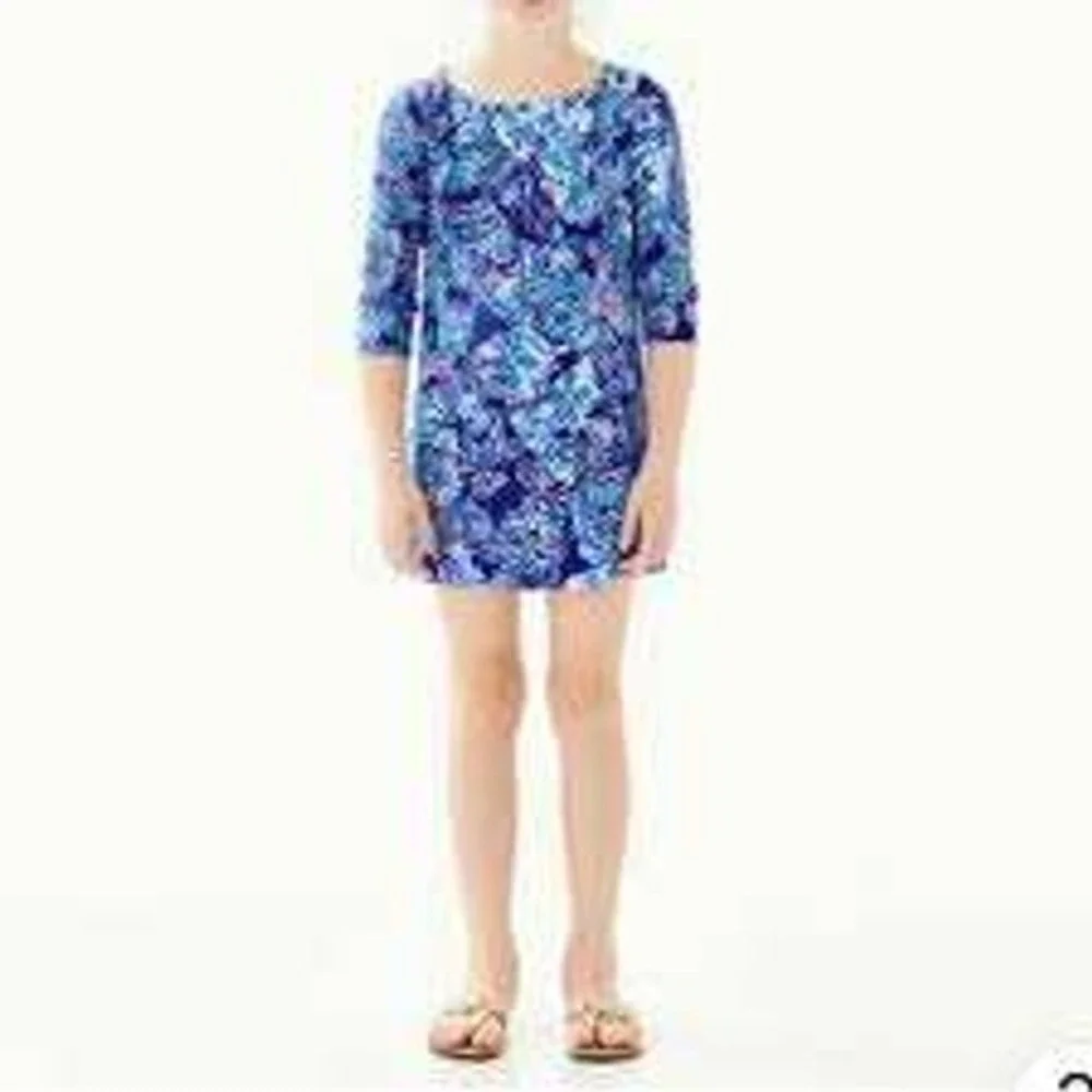 Lilly Pulitzer Dress XL 12-14 Blue Floral 3/4‎ Sleeve Gold Buttons Rayon Spandex